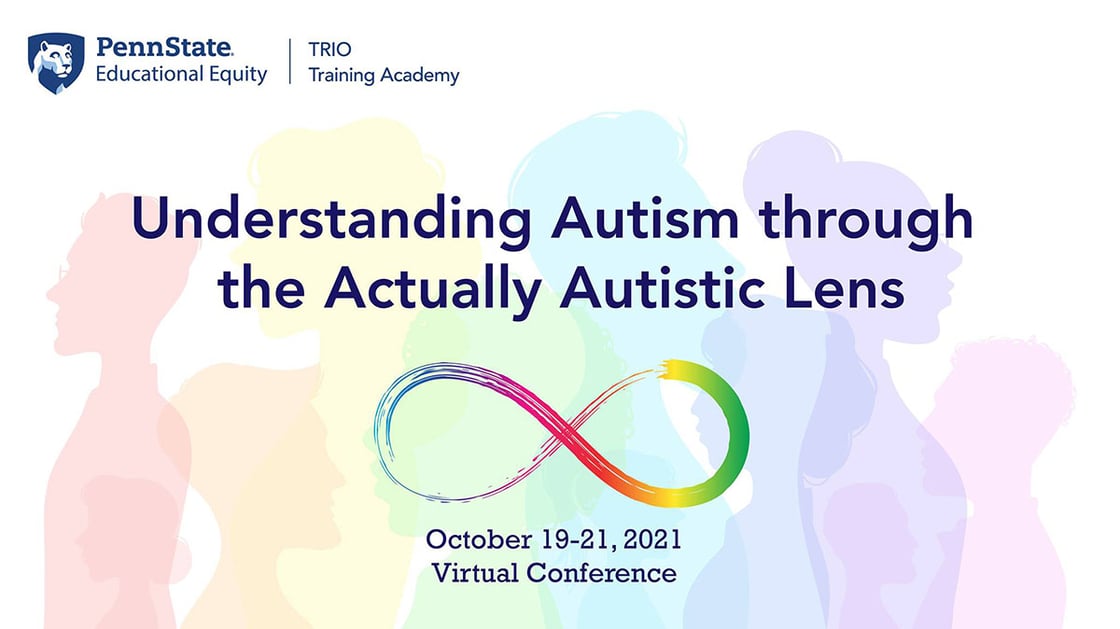 Understanding Autism Through the Actually Autistic Lens. Multicoloured infinity symbols. October 19-21 2021 Virtual Conference